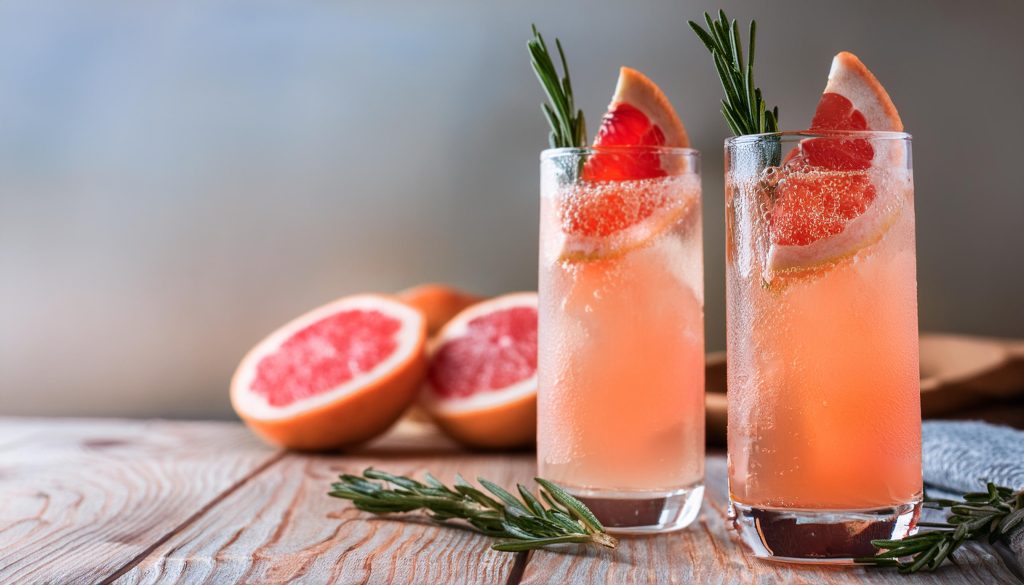 Two non-alcoholic grapefruit spritz cocktails with rosemary garnish