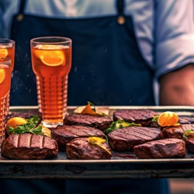 Close up image of a BBQ master holding a plate of BBQ meat and BBQ cocktails to a guest