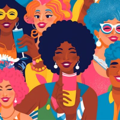 MidJourney AI illustration image of a group of diverse friends in colorful clothing enjoying themselves at a Pride Party
