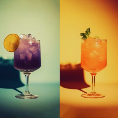 Combined image of four brightly colored Rainbow Cocktails against colorful backdrops, one next to the other, in green, red, yellow and blue