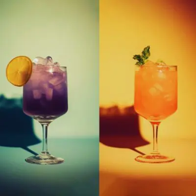 Combined image of four brightly colored Rainbow Cocktails against colorful backdrops, one next to the other, in green, red, yellow and blue