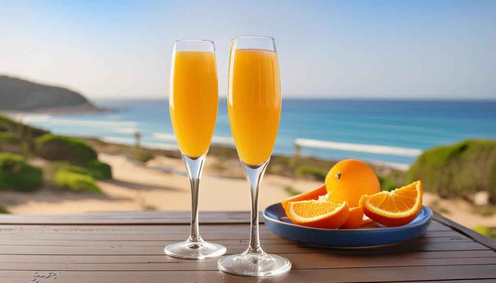 Two SKYY Pineapple Mimosa cocktails with a beach and ocean in the background