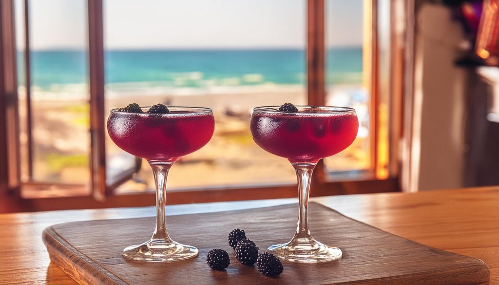 Two Polk Street Sour cocktails with blackberry garnish, ocean view through window in background
