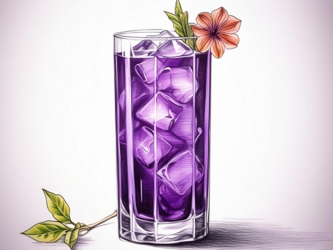 Colour illustration of a Purple Reign cocktail with an edible flower garnish