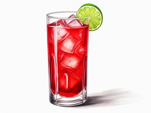 Colour illustration of a red Woo Woo cocktail with lime wheel garnish