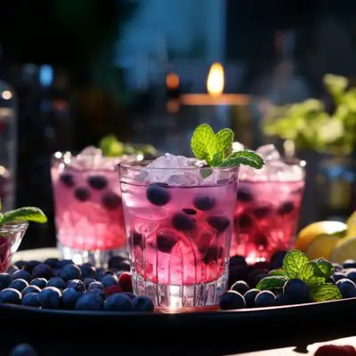 A trio of Blueberry cocktails arranged on a tray of botanical garnishes in a light, bright home kitchen environment