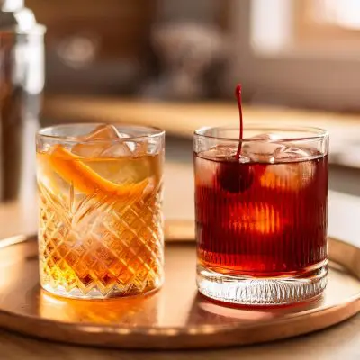 An Old Fashioned cocktail with orange peel garnish, next to a Manhattan cocktail with a single maraschino cherry garnish, served on a tray