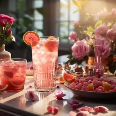 A collection of pink cocktails on a counter in a home kitchen with light streaming in through the window and a variety of pink garnishes and flowers all around