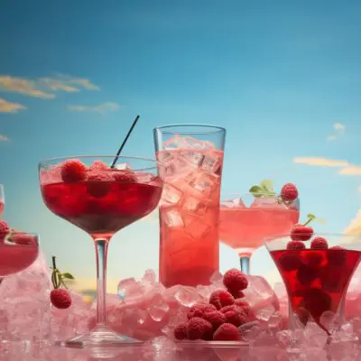 An array of Raspberry Cocktails set in a fantastical landscape against a blue sky backdrop specked with clouds as dusk grows near