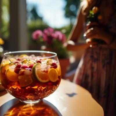 A bowl of summer Sangria in a bright, light-filled room with a hostess in the background waiting to serve her guests