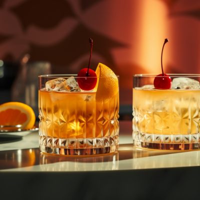 Two Whiskey Sour variations in a retro lounge setting