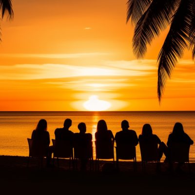 Silhouette style image of friends sitting on the beach, backs to camera enjoying coconut cocktails and watching the sun set