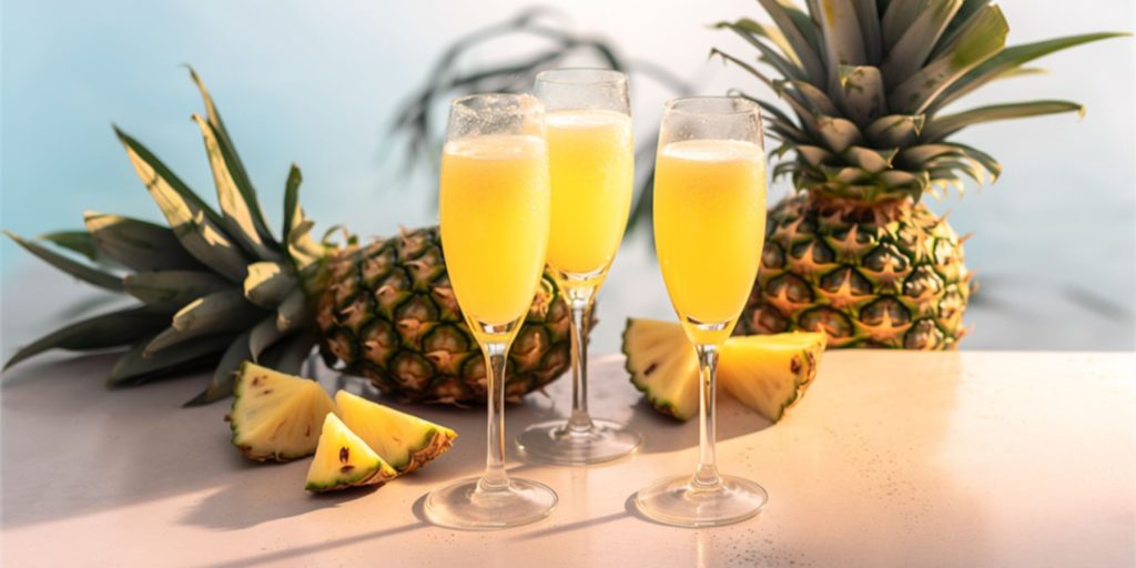 Three Pineapple Coconut Mimosa cocktails on a table outdoors in the sun with fresh pineapples next to it