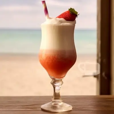 A creamy red and white Miami Vice cocktail standing on a windowsill overlooking a beach scene beyond