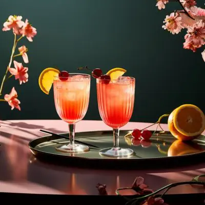 Close up of a pair of Grenadine Cocktails on a serving platter on a pink table surface with a vase of pink flowers to the side and a dramatic blue backdrop