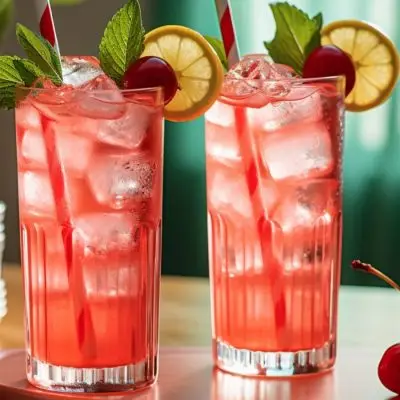 Two Shirley Temple grenadine cocktails with lemon, mint and cherry garnish