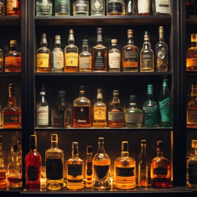 Wide shot of a cabinet behind a bar filled with different types of whiskey all in different bottles