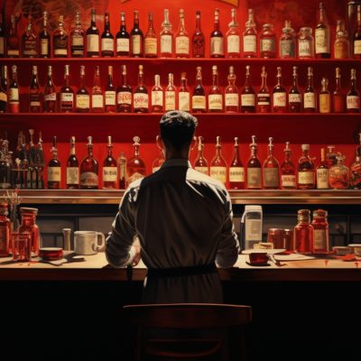 Illustration of a bartender looking at bottles of Campari on a shelf