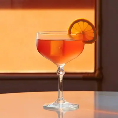 A simplistic image of a Gloria cocktail in a coupe glass with orange wheel garnish