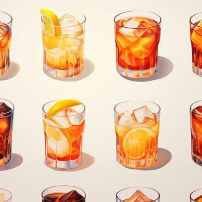 A repetitive pattern of Negroni cocktails on a white backdrop showing Negroni cocktails made with different types of gin in an illustrative style