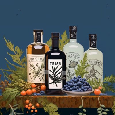 Classic colour illustration of a variety of bottles of gin on a table along with juniper berries and leaves and other botanicals