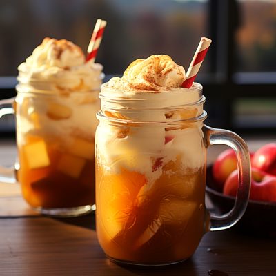 Two Apple Cider Floats in mason jar mugs on a table in a light, bright home kitchen