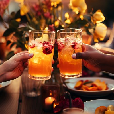Close up of the hands of two friends clinking Thanksgiving mocktails against a festive and inviting fall decorated background