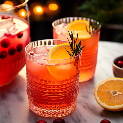 Two glasses of refreshing Holiday Punch on a kitchen counter in a light bright home setting