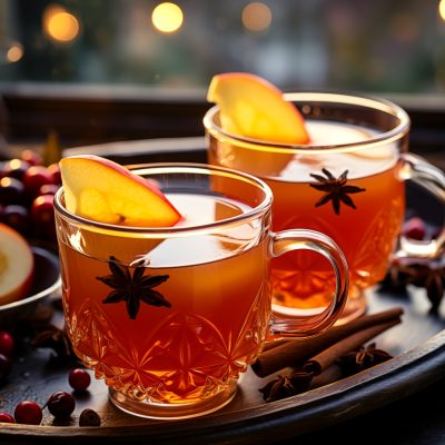 Two cups of Mulled Apple Cider on a table in front of a window in a cosy living room over the festive season