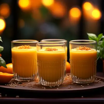 Three glasses of Pumpkin Smoothie on a tray in a room decorated for the festive season