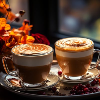 Two cups of Pumpkin Spice Latte on a tray next to window with autumn decorations
