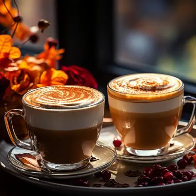 Two cups of Pumpkin Spice Latte on a tray next to window with autumn decorations