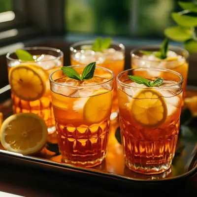 A tray of Sweet Tea on a silver tray in a pretty daytime outdoor setting