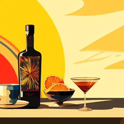 Colour illustration of a bottle of coffee tequila next to a coffee tequila cocktail