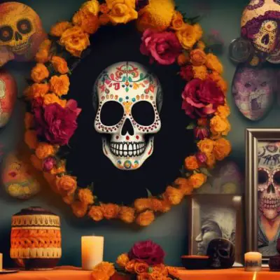 A collage image of Day of the Dead symbols dressing a Mexican ofrenda set up for a Dia de los Muertos party at home