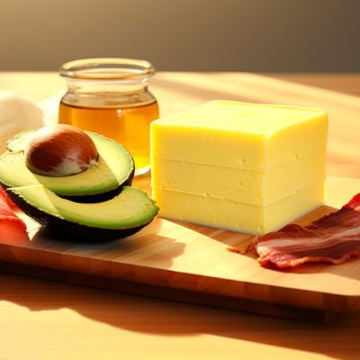 Halved avocado, block of butter, bacon and olive oil on a wooden board