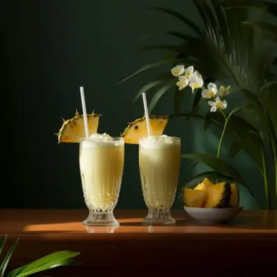 Two Pina Colada cocktails on a table in a dark green room with tropical greenery as decoration