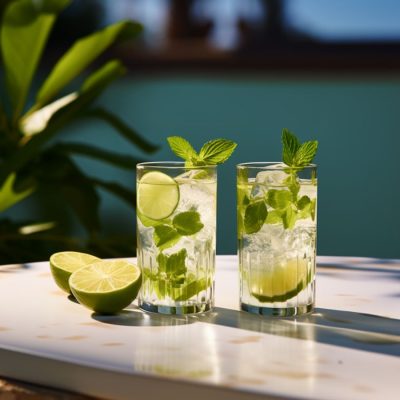 Two refreshing Mojito cocktails on a table outside on a sunny day overlook a clear blue lake in the background