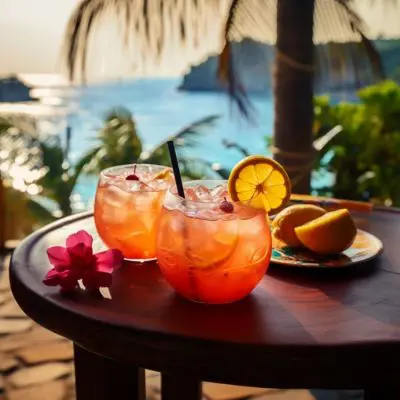 Two spiced rum cocktails on table on a tropical veranda overlooking the ocean on a sunny day