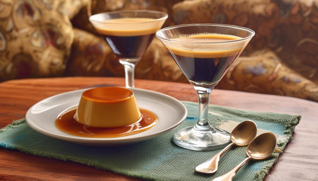 Two Spiced Rum Espresso Martini next to a lovely flan on a table in a home lounge