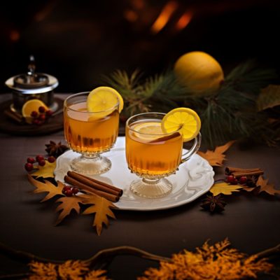 Two cosy Thanksgiving cocktails in a still life environment against a dark backdrop surrounded by leaves and spices redolent of a Thanksgiving feast