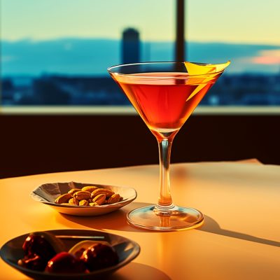 Paper Plane cocktail with a bowl of nuts in an airport setting