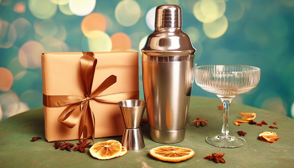 A cocktail gift set with a cocktail shaker, coupe glass, jigger and dried orange slices