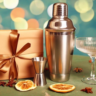 A cocktail gift set with a cocktail shaker, coupe glass, jigger and dried orange slices