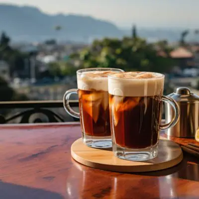 Wide angle shot of two Amaretto cocktails overlooking a typical Italian countryside scene on a sunny day from a balcony