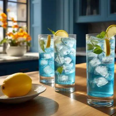 Editorial style image of two Blue Afternoon Highball Mocktails on a table in a modern kitchen decorated in shades of blue