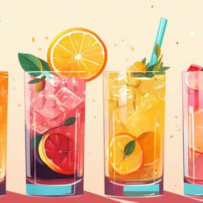 Vector illustration of a variety of low-sugar mocktails arranged on a flat pink surface, bright colors