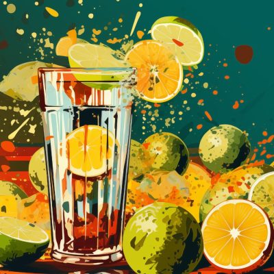Retro illustration of limes, lemons and sugar blocks being dropped into a glass, with colorful streaks against a lime green backdrop