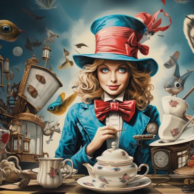 Whimsical illustration of a blonde woman with blue eyes dressed as the Mad Hatter, surrounded by scatterings of Alice in Wonderland characters and images, setting the scene for a Mad Hatter's Party