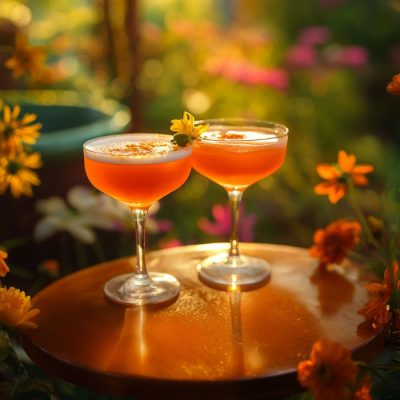 Two Aperol Tequila cocktails on a small table in the middle of a blooming flower garden at the first hint of dusk with light filtering through colorful flowers